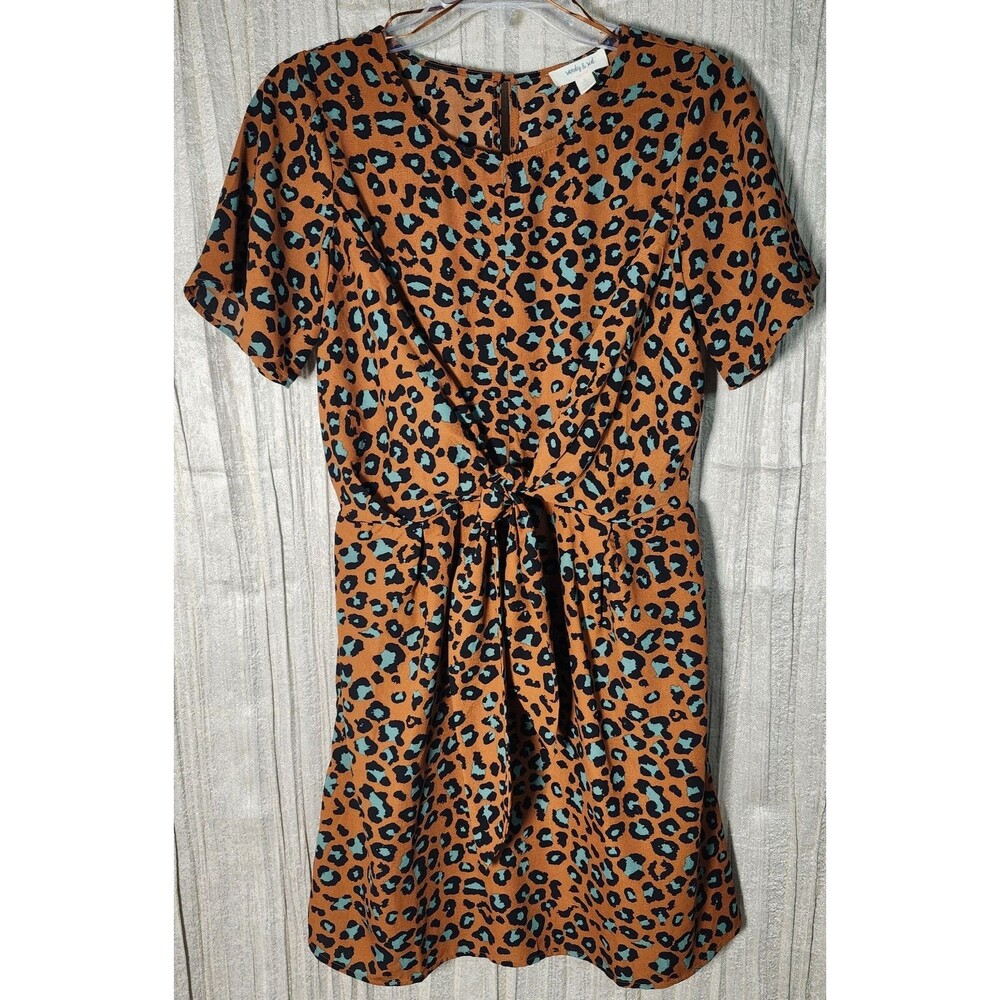 Women's Small Short Slv Mini Dress Leopard Green Animal Print Tie Front Casual